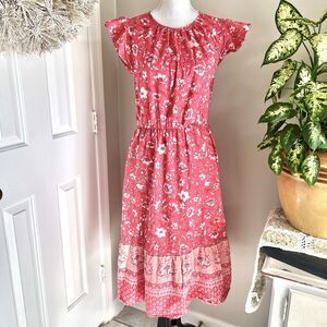 Time & Tru Pink Floral Gypsy Bohemian Pocketed Sundress Flutter Sleeves XL 16/18